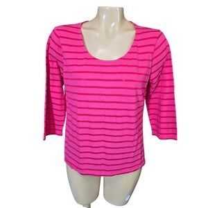 Chicos Pink Red Sheer Stripe 3/4 Sleeve Scoop Neck Top Shirt Womens Size 1 Med.‎